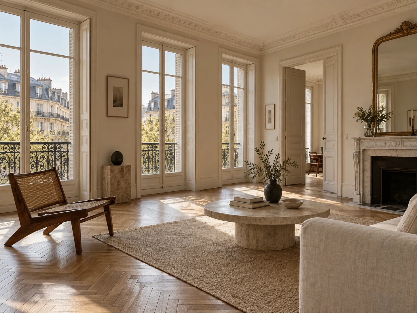 Salon lumineux, parquet et grandes fenêtres dans un appartement de caractère